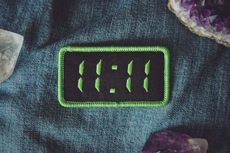 11:11 Synchronicity Patch - Metaphysical Fashion Accessory - 3' Iron On Embroidered Patch - Digital Clock Green - Awakening Code Numerology 