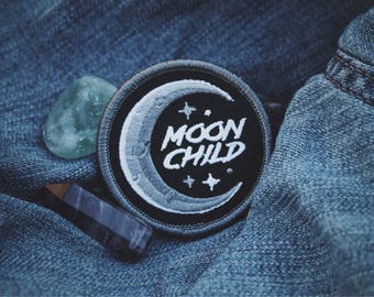 Moon Child Patch - Metaphysical Fashion Accessory - 2" Iron On Embroidered Patch - Black, Grey, White
