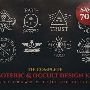 May include: A set of 8 hand-drawn vector illustrations with an occult and esoteric theme. The illustrations include symbols, text, and imagery related to fate, trust, making something out of nothing, setting sail, glory be to the artist, and problem and solution. The illustrations are in white on a black background.