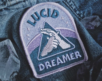 Lucid Dreamer Patch - Metaphysical Fashion Accessory - 3" Iron On Embroidered Patch - Dreamy Blue Hazy Pink for Consciousness Explorers