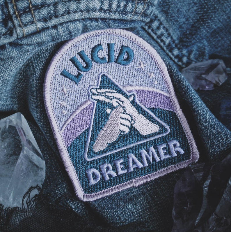 Lucid Dreamer Patch - Metaphysical Fashion Accessory - 3' Iron On Embroidered Patch - Dreamy Blue Hazy Pink for Consciousness Explorers 