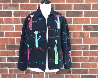 Cat jacket, vintage cats, keren hart, womens unique jackets, wearable art jacket, size small jacket, black vintage, womens outerwear, funky