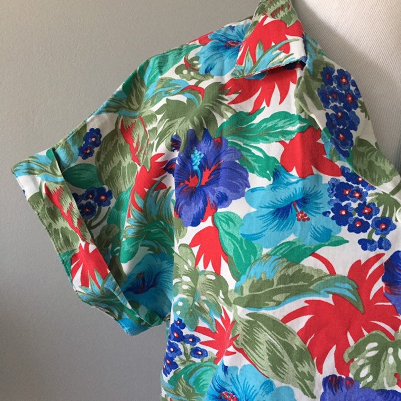 90s top vintage hawaiian shirt large vintage Vintage floral shirt womens vintage clothing dolman sleeves 80s top medium vintage