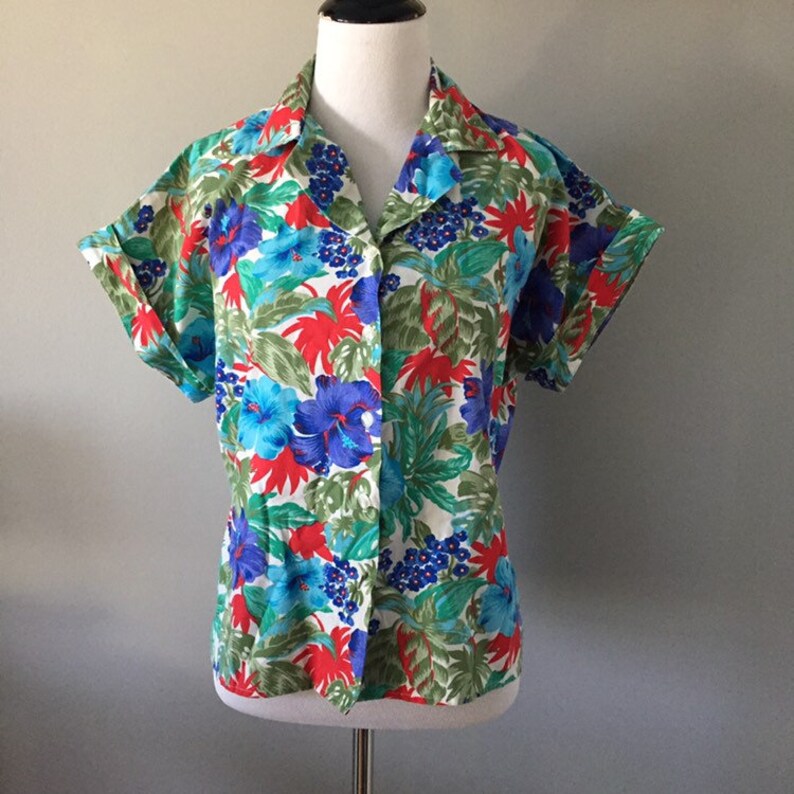 90s top vintage hawaiian shirt large vintage Vintage floral shirt womens vintage clothing dolman sleeves 80s top medium vintage