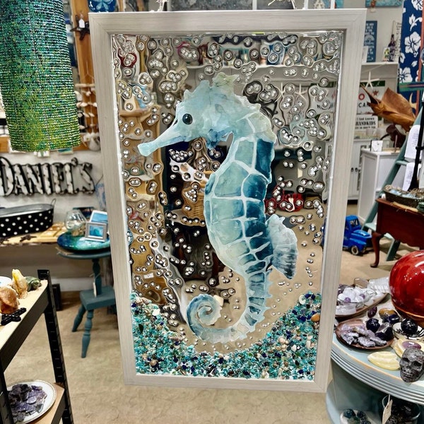 Seahorse Glass Window, Art, Ocean, Beach, Chunky Glass, Outer Banks, OBX, Ocean Decoration,
