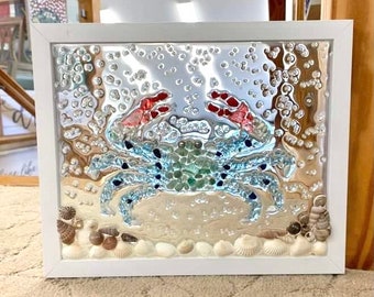 Crab Decor, Crushed Glass, Suncatcher for Windows, Outer Banks, Handmade Gifts for Her, Resin Art, Nautical Home Decor, Glass Art, Colorful