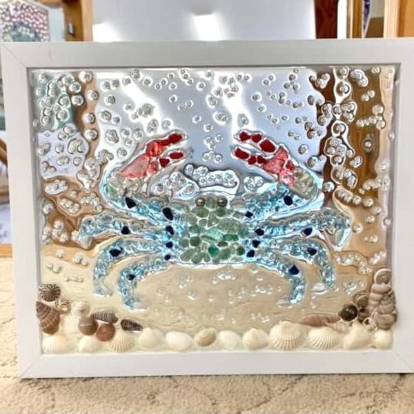 Crab Decor, Crushed Glass, Suncatcher for Windows, Outer Banks, Handmade Gifts for Her, Resin Art, Nautical Home Decor, Glass Art, Colorful