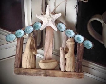 Driftwood Nativity Bestseller, Starfish Creche Nativity, Driftwood Decor, Outer Banks, Baby Jesus Manger, Christmas Ornaments, Gifts for Her