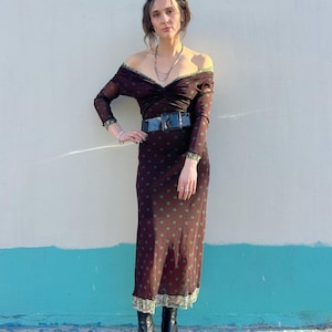 VTG 90s Jean Paul Gaultier Sheer Mesh Polka Dot Dress Cross Front Bodice Lace Print Trim 1996