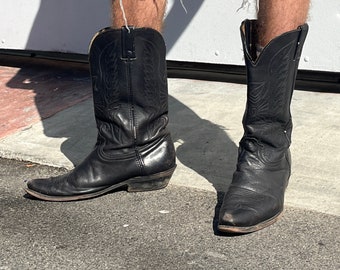 Vintage Black Leather Cowboy Boots with Stitch Panels and Thunderbird Pattern, Size 10