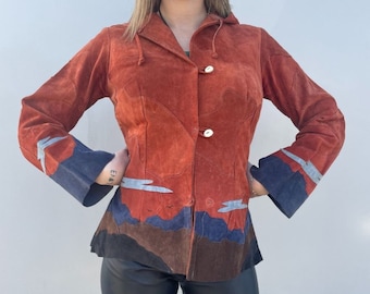 Vintage MILES Hooded Patchwork Suede Jacket Rust Canyon Design Boho Desert Vibes