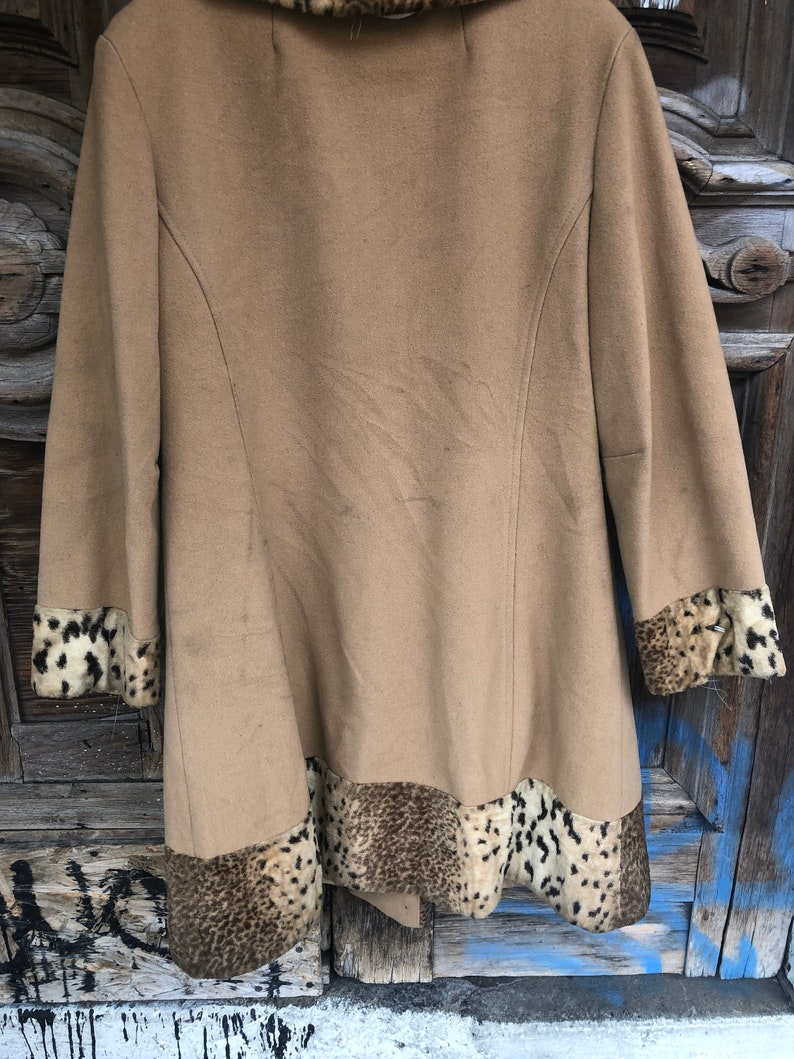 Vintage Leopard Trim Button Down Double Breasted Coat
