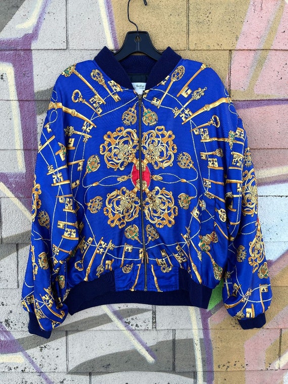 Silky Ornate Baroque Print Zip Up Bomber Jacket