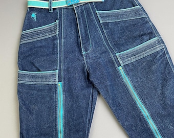 as-is So Cute 1980s Dark Denim Tapered Zipper Jeans, Kontrastnähte, befestigter Gürtel