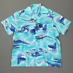 as-is Retro 1970s Nylon Surf Print Hawaiian Shirt