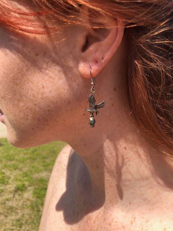 Vintage Bird Skull Dangle Hook Earrings