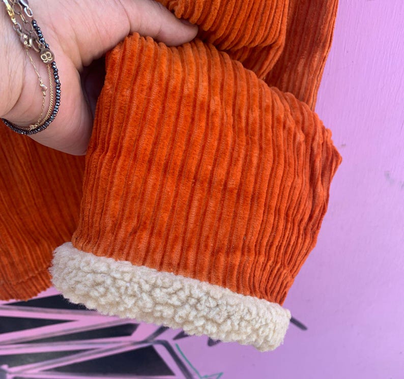 90s Orange Corduroy Sherpa Lined Jacket - Moda Int'l - Vintage Funky Sherpa Coat - Size S image 5