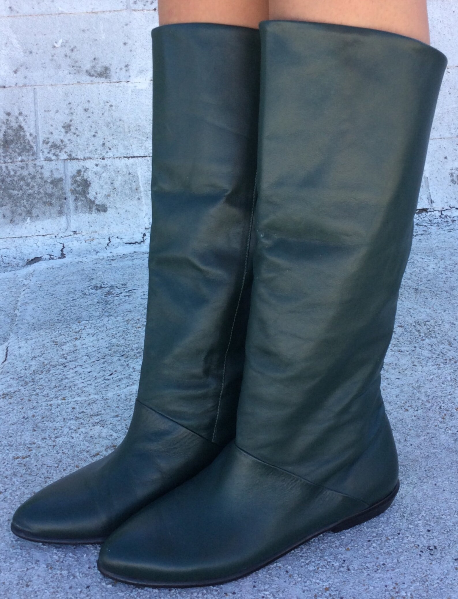 Vintage Flat-Soled Green Leather Knee-High Pixie Boots 6 | Etsy