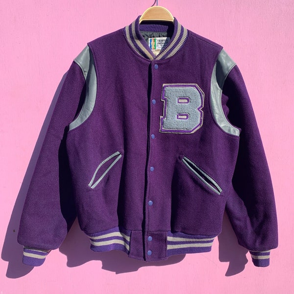 1990s Trophy Jackets Purple Wool Leather Shoulder Stripes Varsity Jacket W/ Letter B Patch | Size Large