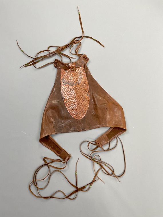 Unreal! Vintage! 1970s Leather & Snakeskin Cropped Halter Top, Custom Made