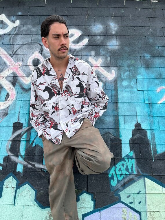 native american long sleeve dress shirts Versace Black Native American Printed Silk Long Sleeve Shirt XXL Versace