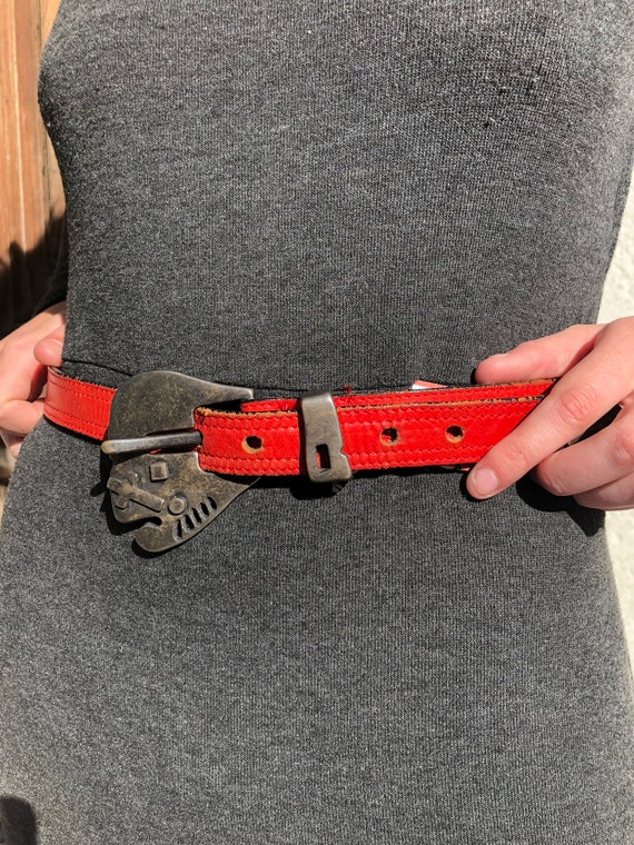 Vintage Red Genuine Leather Belt with Antique Silv