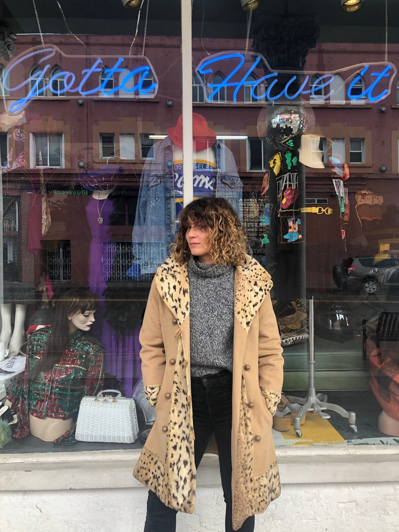 Vintage Leopard Trim Button Down Double Breasted Coat