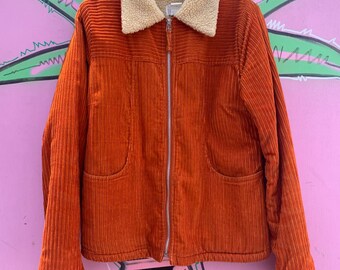 90s Orange Corduroy Sherpa Lined Jacket - Moda Int'l - Vintage Funky Sherpa Coat - Size S