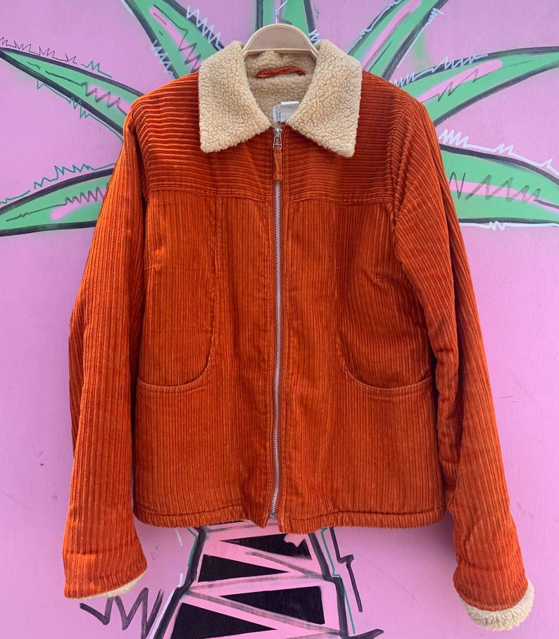90s Orange Corduroy Sherpa Lined Jacket - Moda Int'l - Vintage Funky Sherpa Coat - Size S image 1