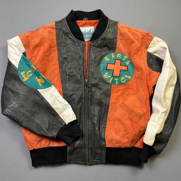 AS-IS 1980er Jahre Rad Color Block Urban Renewal Lederjacke Große gestickte Aufnäher Earth First, Earth Watch, Eco'LOGY NOW