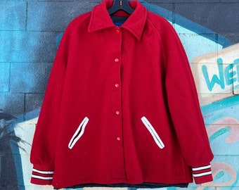 1970s Wool Snap Up Long Cut Varsity Jacket Striped Ribbed Cuffs Leather Trim