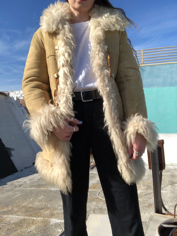 Vintage 1970's Suede Shearling Long Beige Coat