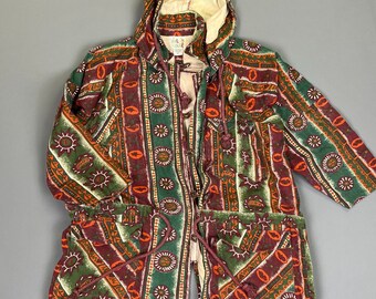 1990s Crazy Fun Southwestern Aztec Design Long Parka Style Twill Denim Jacket Toggle Buttons