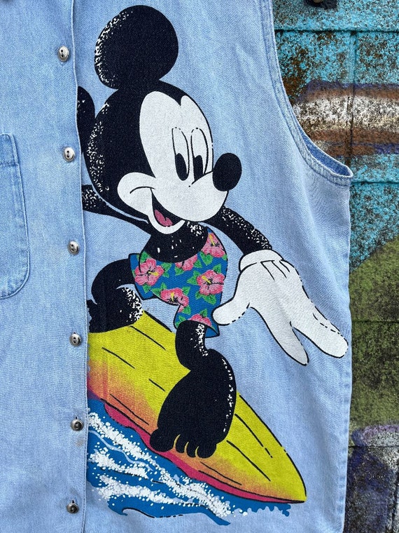 Surfing Mickey Mouse Sleeveless Denim Button Up S… - image 4