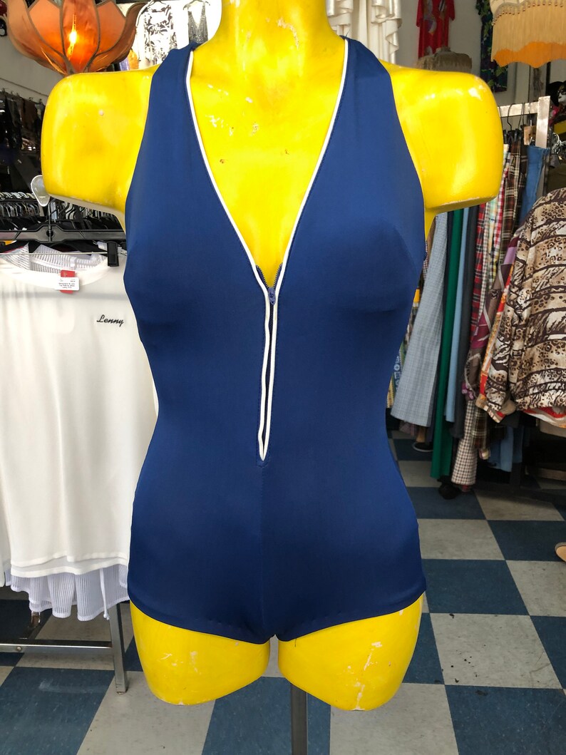 Vintage Zipper Front One Piece Navy Bathing Suit Etsy