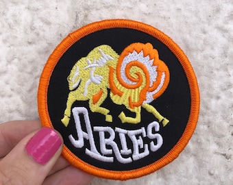 Aries Zodiac Iron-On Patch, 3x3 Circle Astrology Embroidery, Vintage Style