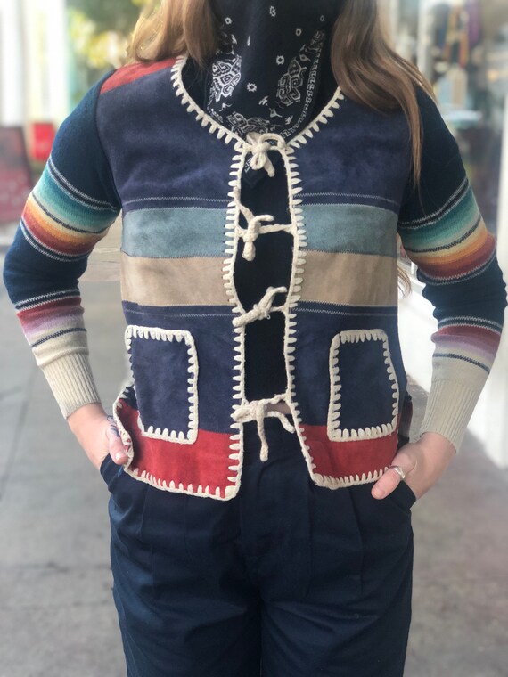 Vintage Knit and Suede Textile Patchwork Striped T