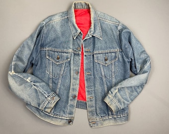 As-is Faded 1960s Denim Jacket W Red Quilted Lining And Starburts Buttons