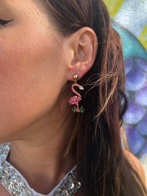 Vintage 1980s Flamingo Rhinestone Earrings