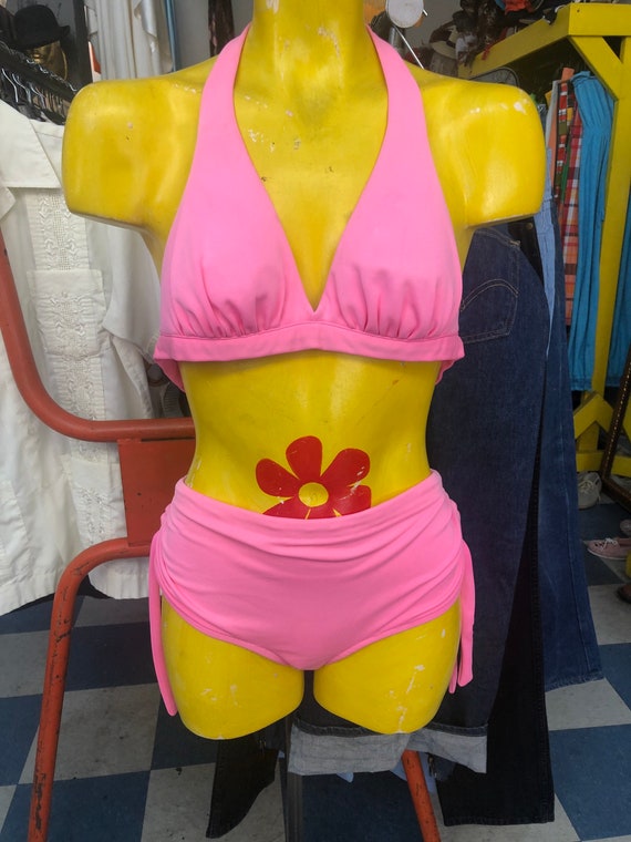 Vintage Two-Piece Sirena Solid Neon Pink Bathing S