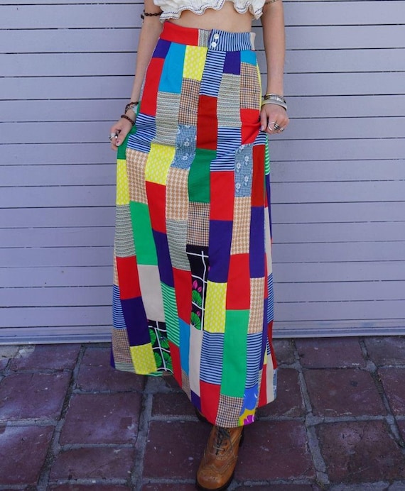 1970s Funky Patchwork Polyester Maxi Skirt