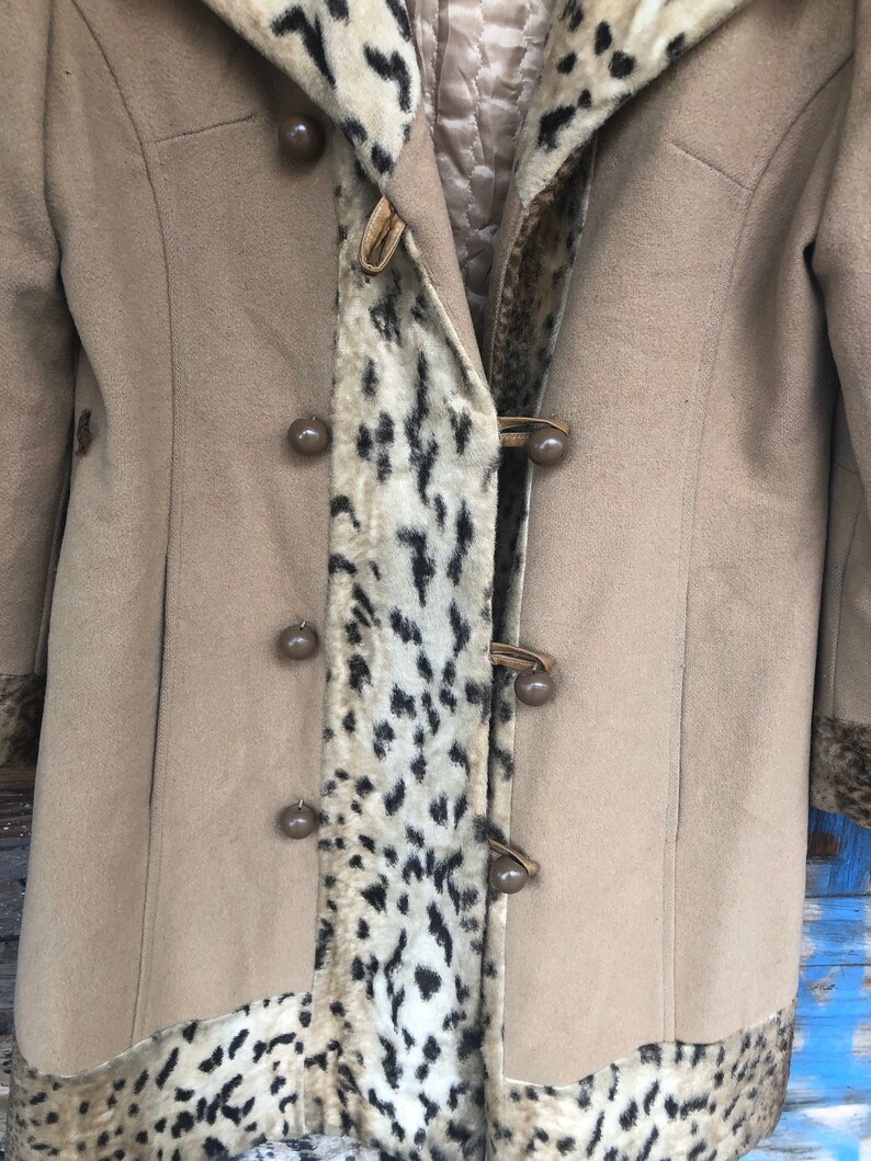 Vintage Leopard Trim Button Down Double Breasted Coat