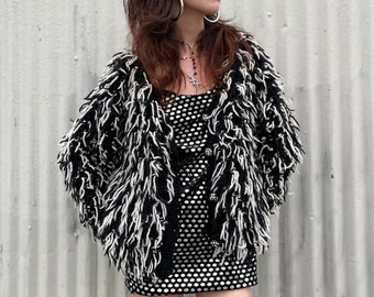 Vintage 90s Shaggy Knit Cropped Cardigan w/ Rhinestone Buttons (As-Is)