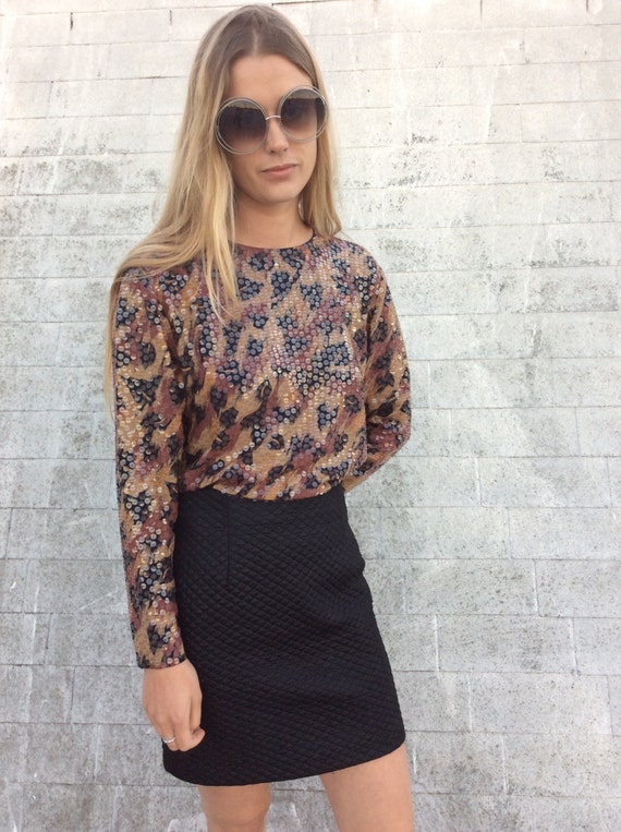 Vintage Sequined Back Buttoned Cheetah Print Blous
