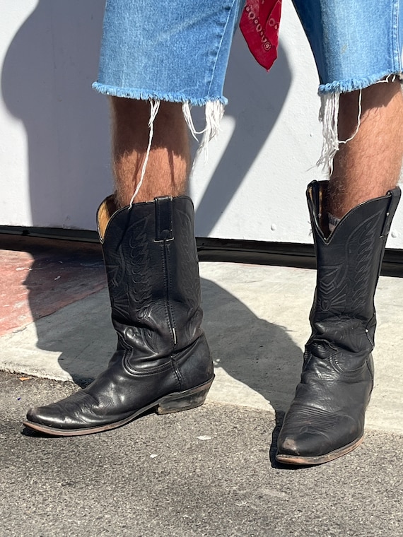 Classic Stitch Paneled Vintage Black Leather Cowboy Boots - Etsy display picture 3