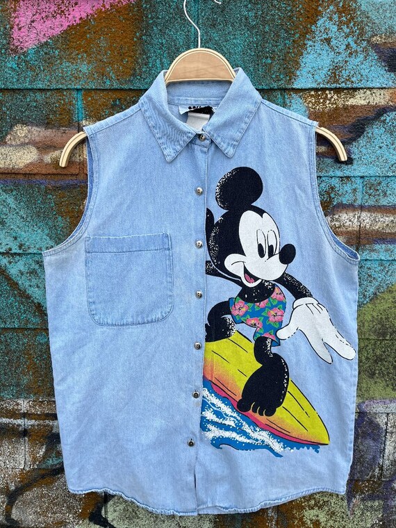 Surfing Mickey Mouse Sleeveless Denim Button Up S… - image 1