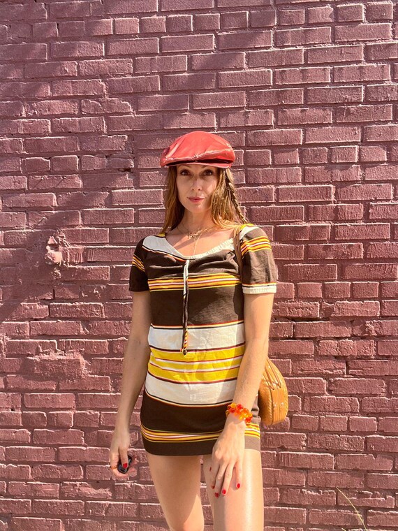 2-die-4 !! 1960s-70s Slinky Striped Cap Sleeve Mini Dress Tunic