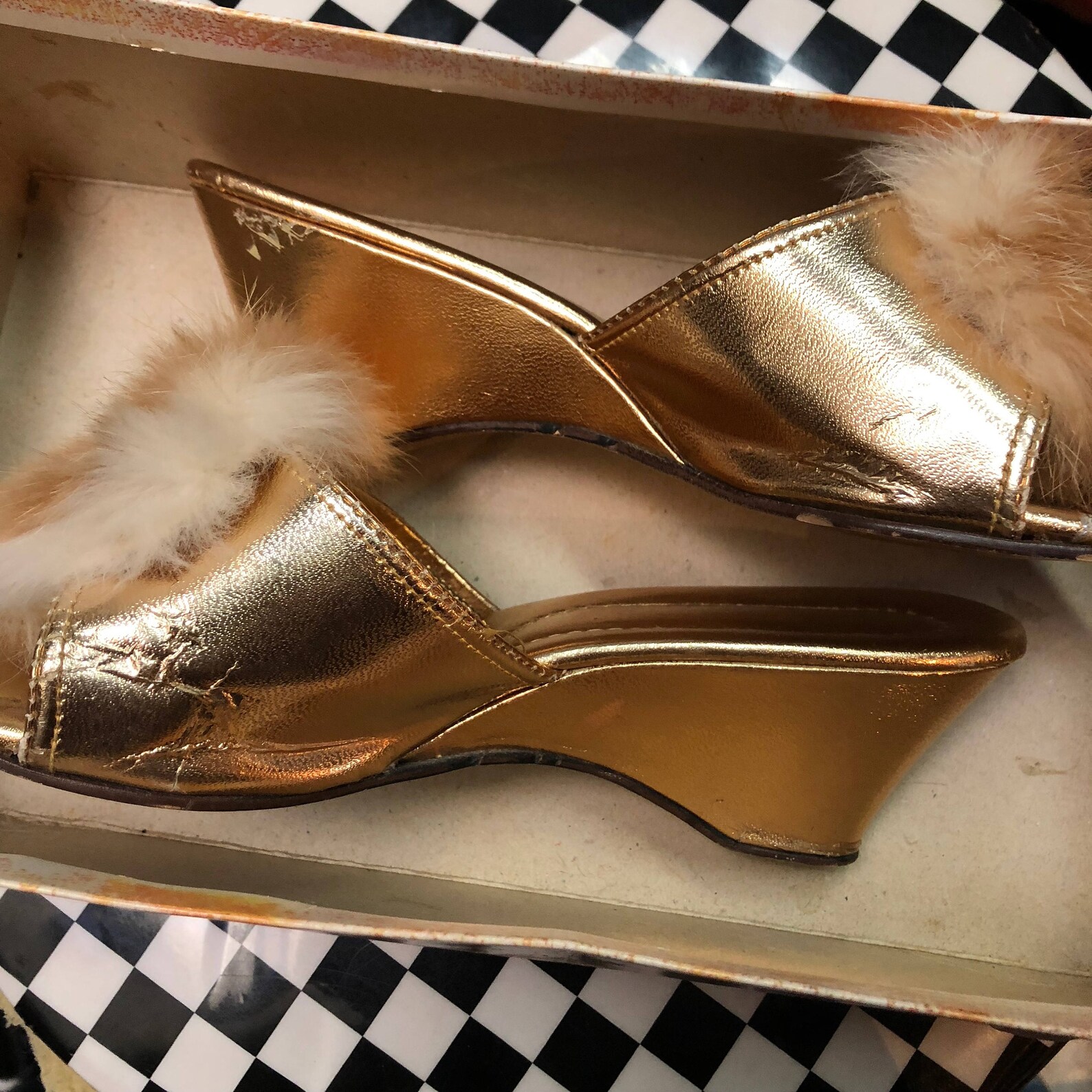 Vintage Gold Fluffy Slippers w/ Small Wegde Heel | Etsy