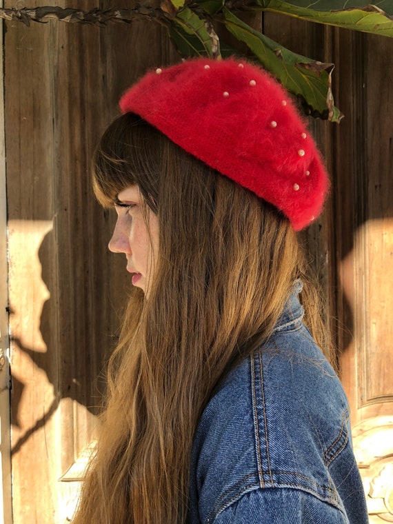Vintage Red Soft Wool Pearl Beret