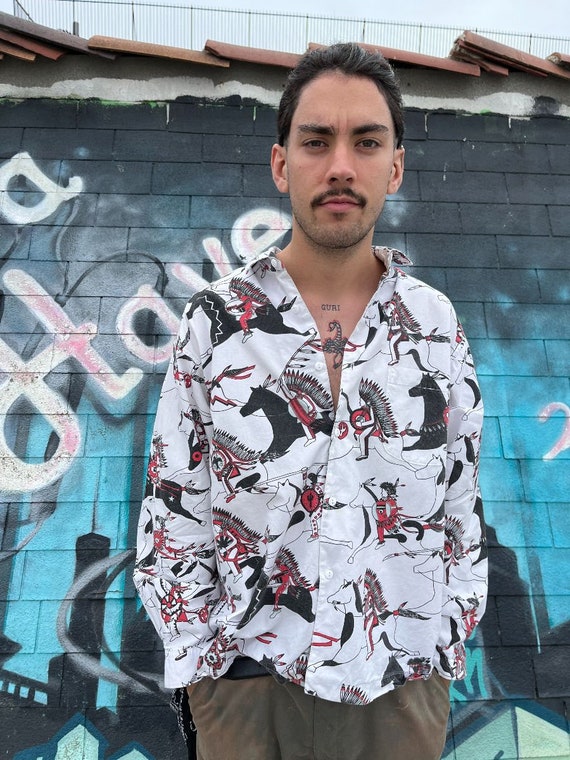 native american long sleeve dress shirts Versace Black Native American Printed Silk Long Sleeve Shirt XXL Versace